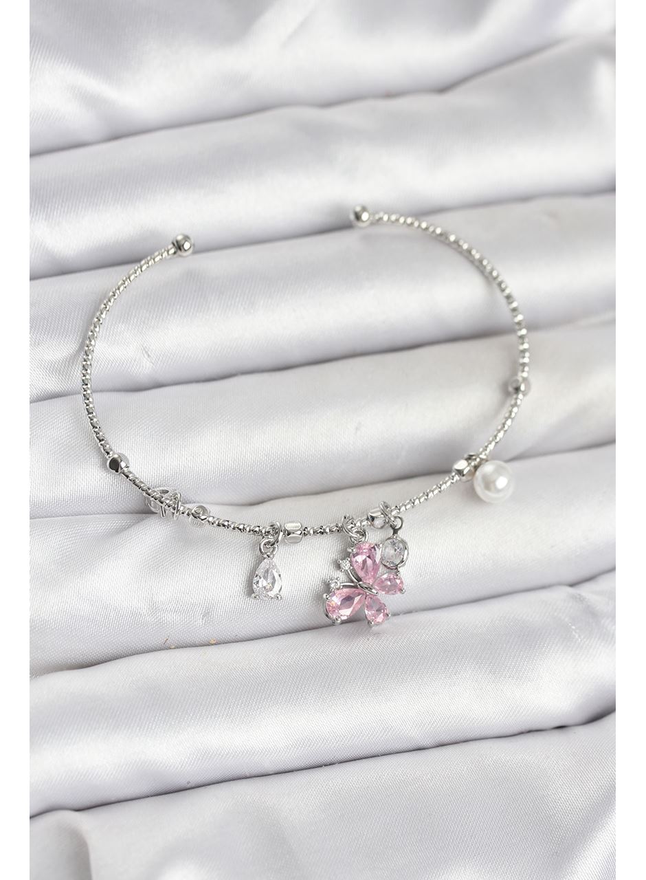 Pembe Kelebek Charmlı Gümüş Renk Kadın Bileklik