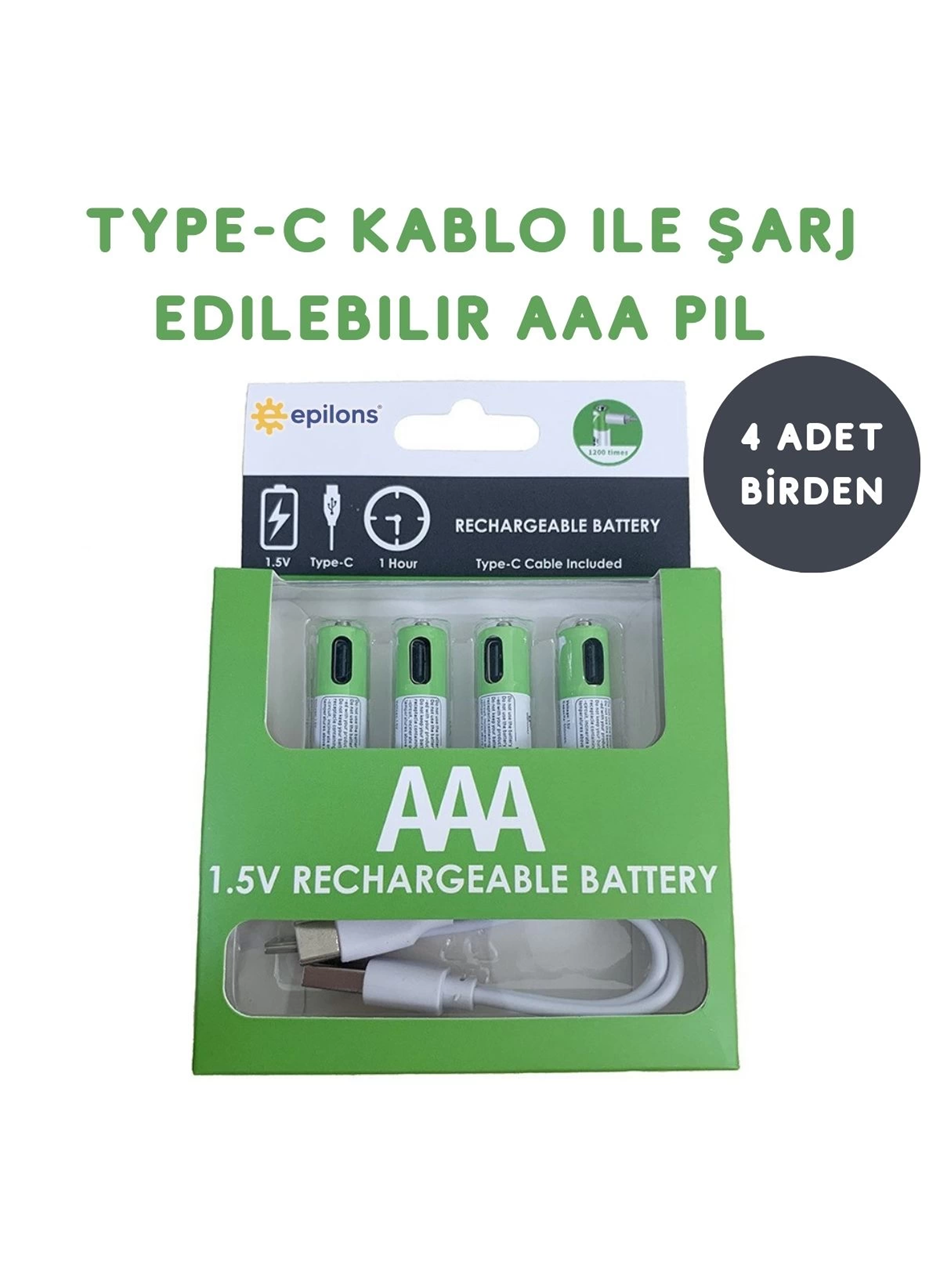 Usb Type-C ile Şarjolabilen 4 Adet AAA 1.5V Lityum Şarjlı Kalem Pil 750 mAH Uzun Ömürlü (