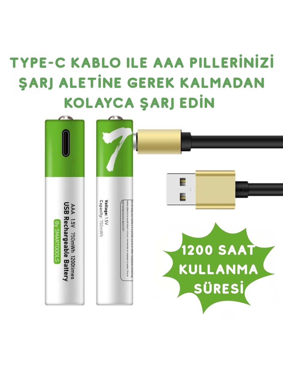 Usb Type-C ile Şarjolabilen 4 Adet AAA 1.5V Lityum Şarjlı Kalem Pil 750 mAH Uzun Ömürlü (