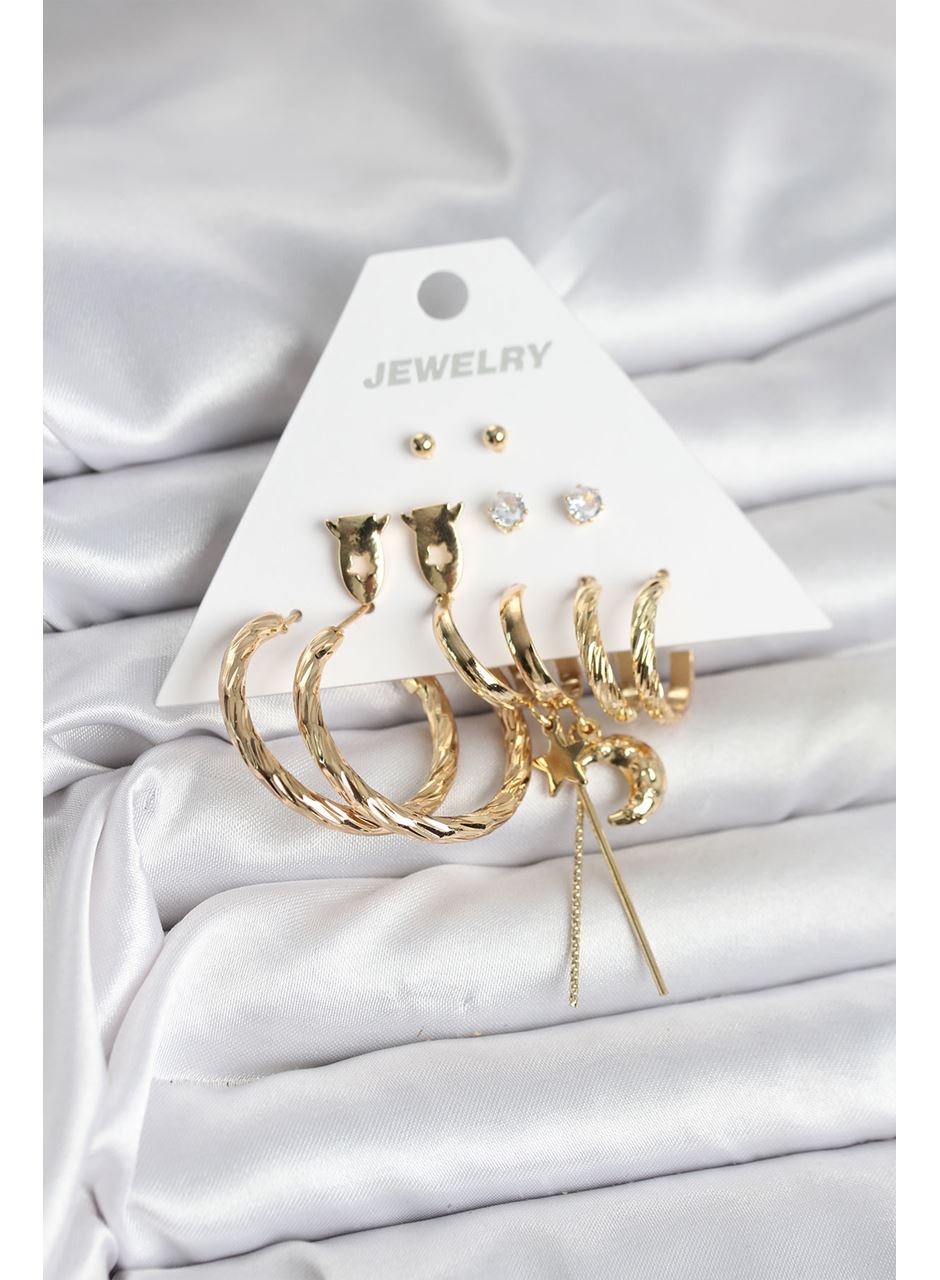 Gold Renk Pirinç 6'lı Kadın Küpe Seti