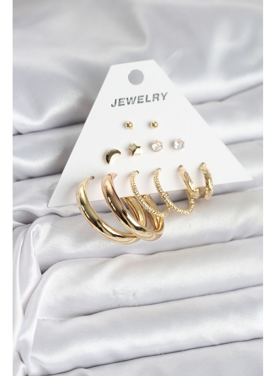 Gold Renk 6 Çiftli Pirinç Kadın Küpe Seti