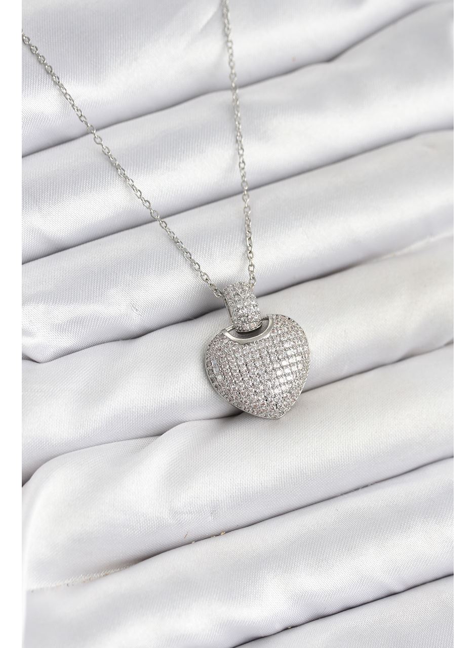 316L Çelik Zincir Gümüş Renk Zirkon Taşlı Kalpli Kadın Kolye