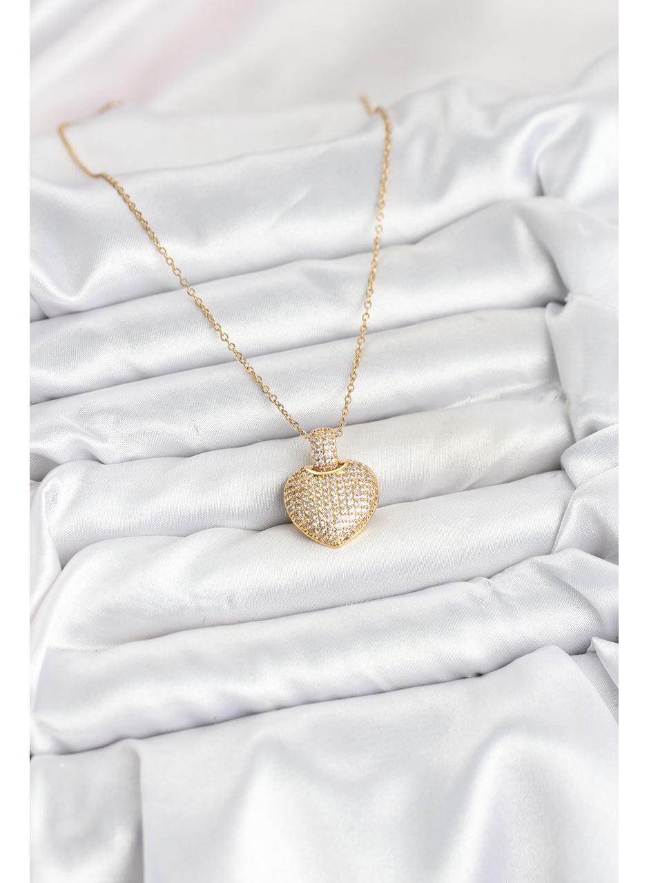 316L Çelik Zincir Gold Renk Zirkon Taşlı Kalpli Kadın Kolye