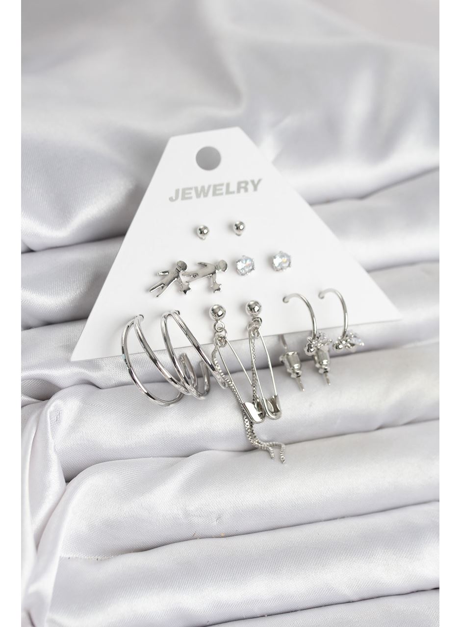 Pirinç Gümüş Renk 6'lı Kadın Küpe Seti