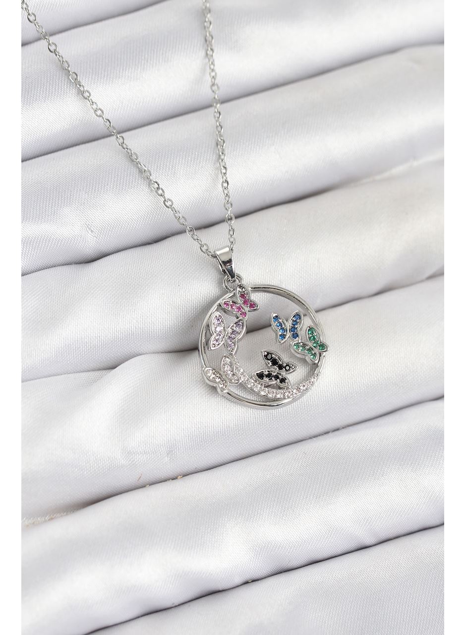 316L Çelik Zincir Gümüş Renk Zirkon Taşlı Kelebekli Kadın Kolye