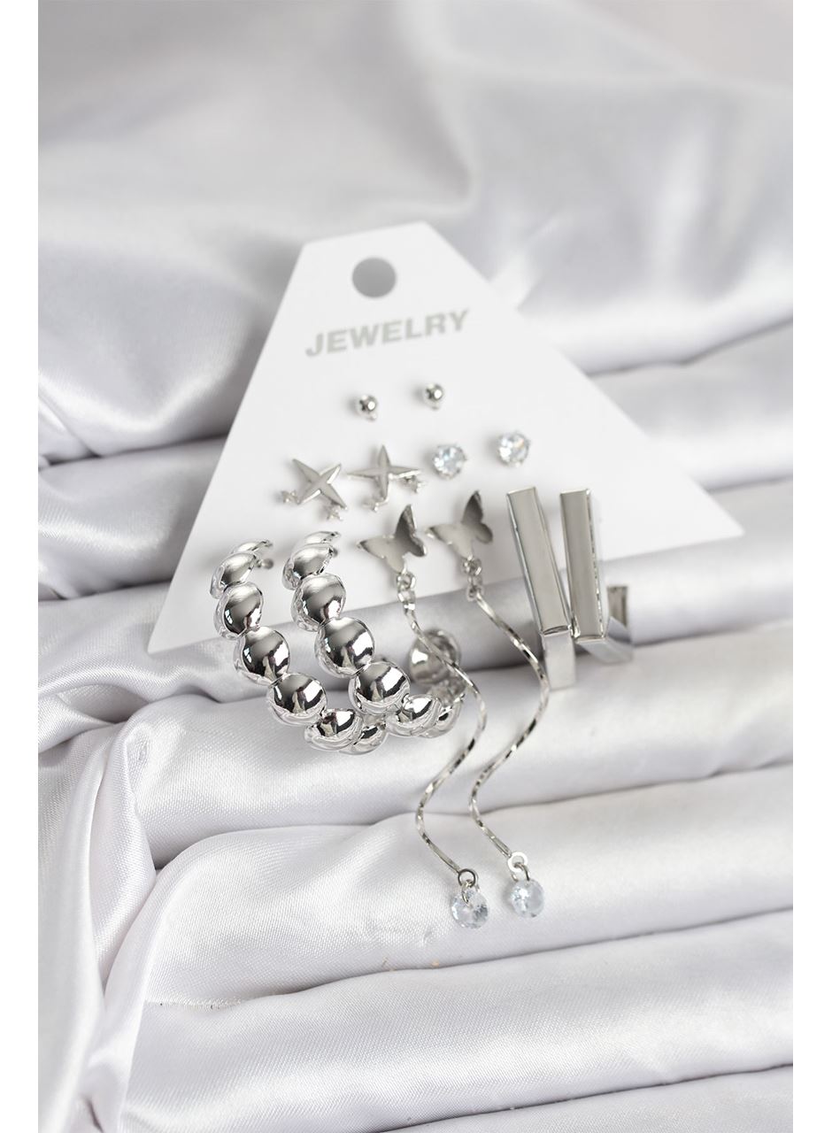 Gümüş Renk Pirinç 6'lı Kadın Küpe Seti