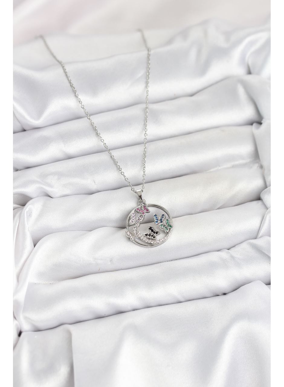 316L Çelik Zincir Gümüş Renk Zirkon Taşlı Kelebekli Kadın Kolye