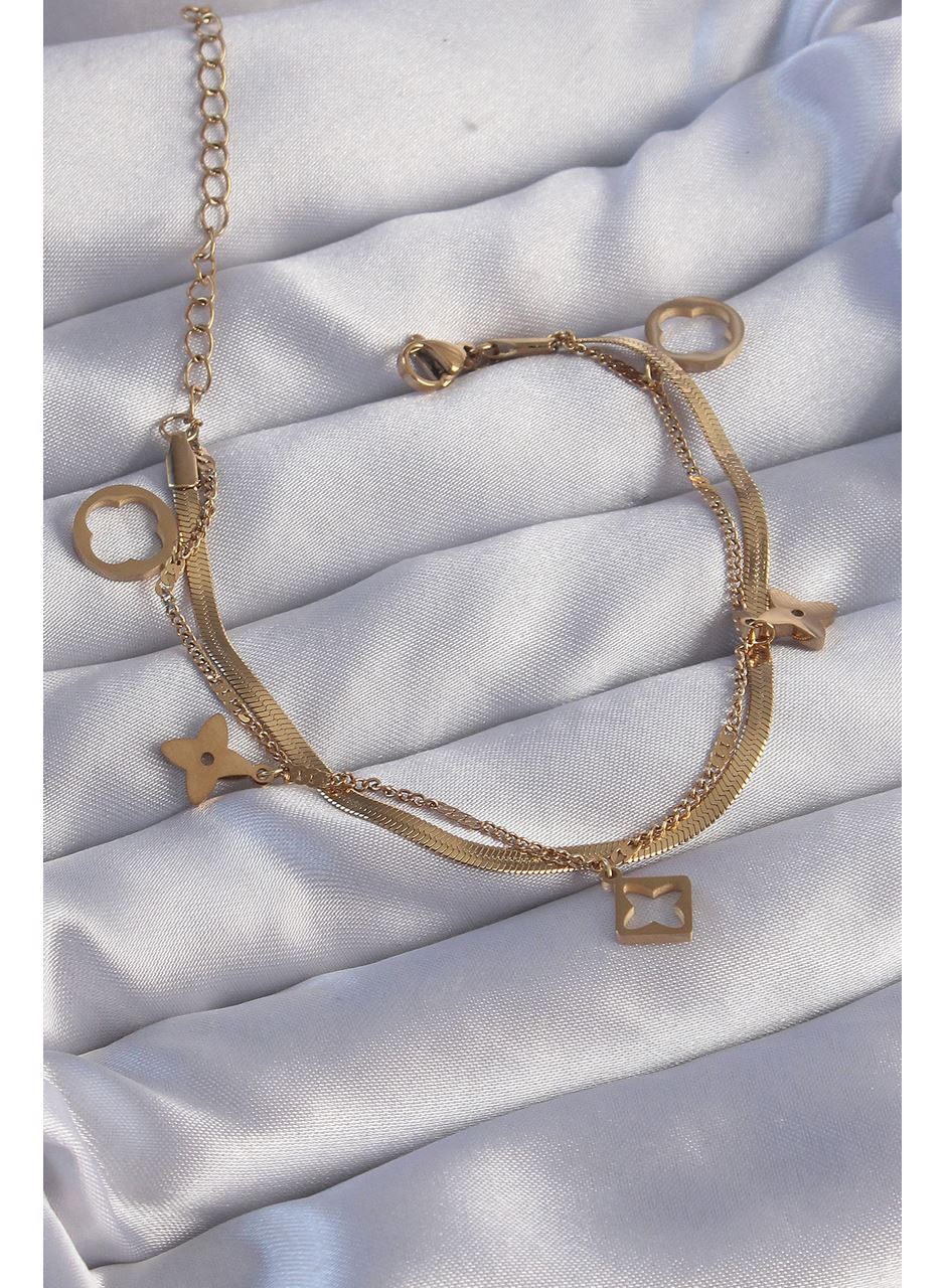 316L Çelik Gold Renk Çift Zincir Yonca Tasarım Bileklik