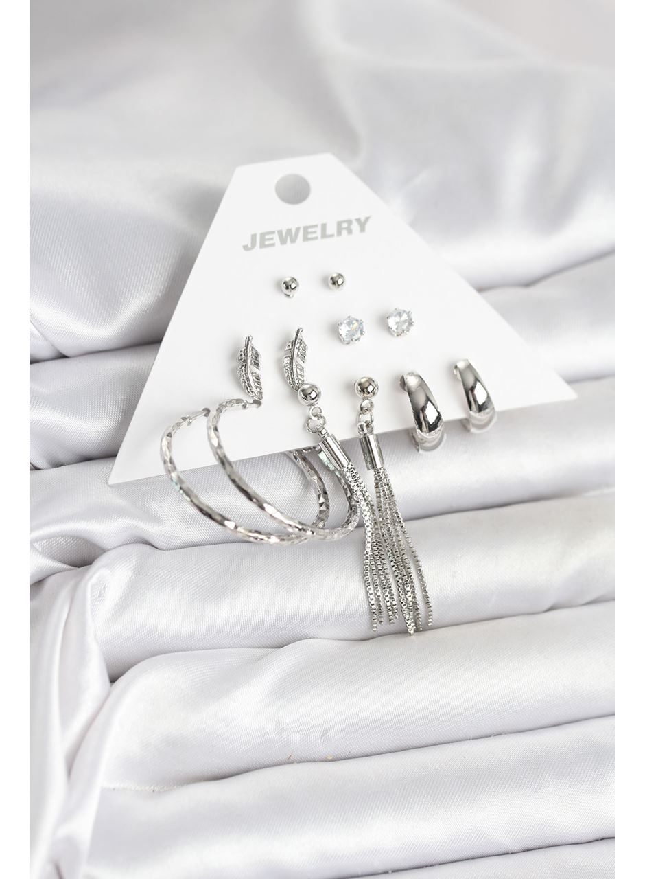 Gümüş Renk Pirinç 6 Çiftli Kadın Küpe Seti