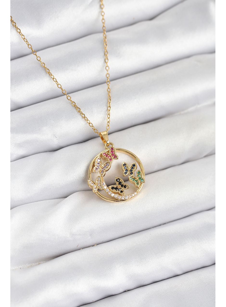 316L Çelik Zincir Gold Renk Zirkon Taşlı Kelebekli Kadın Kolye