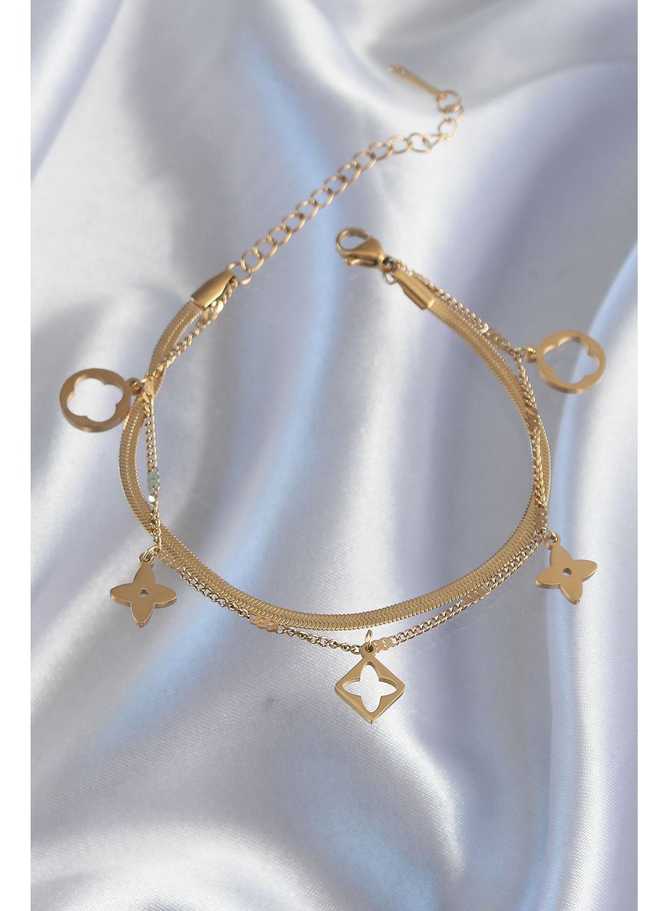 316L Çelik Gold Renk Çift Zincir Yonca Tasarım Bileklik