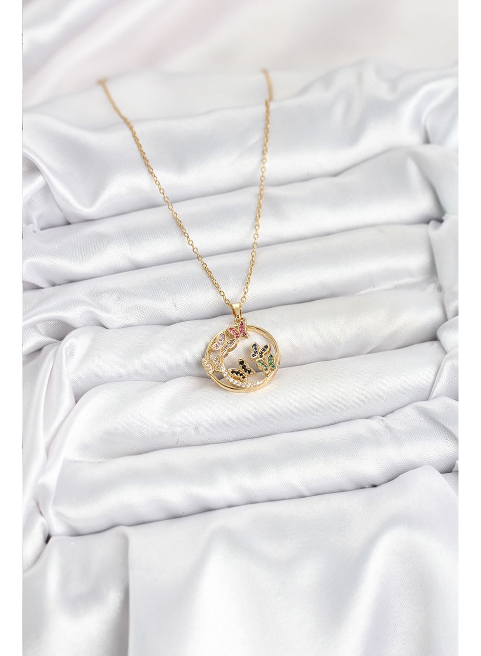 316L Çelik Zincir Gold Renk Zirkon Taşlı Kelebekli Kadın Kolye