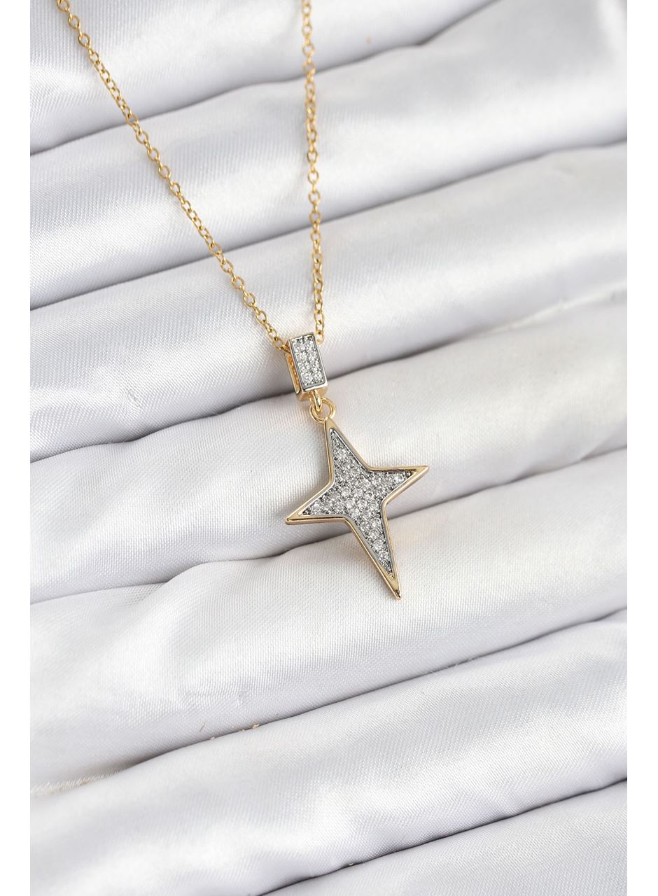 316L Çelik Zincir Gold Renk Kutup Yıldızı Model Zirkon Taşlı Kadın Kolye