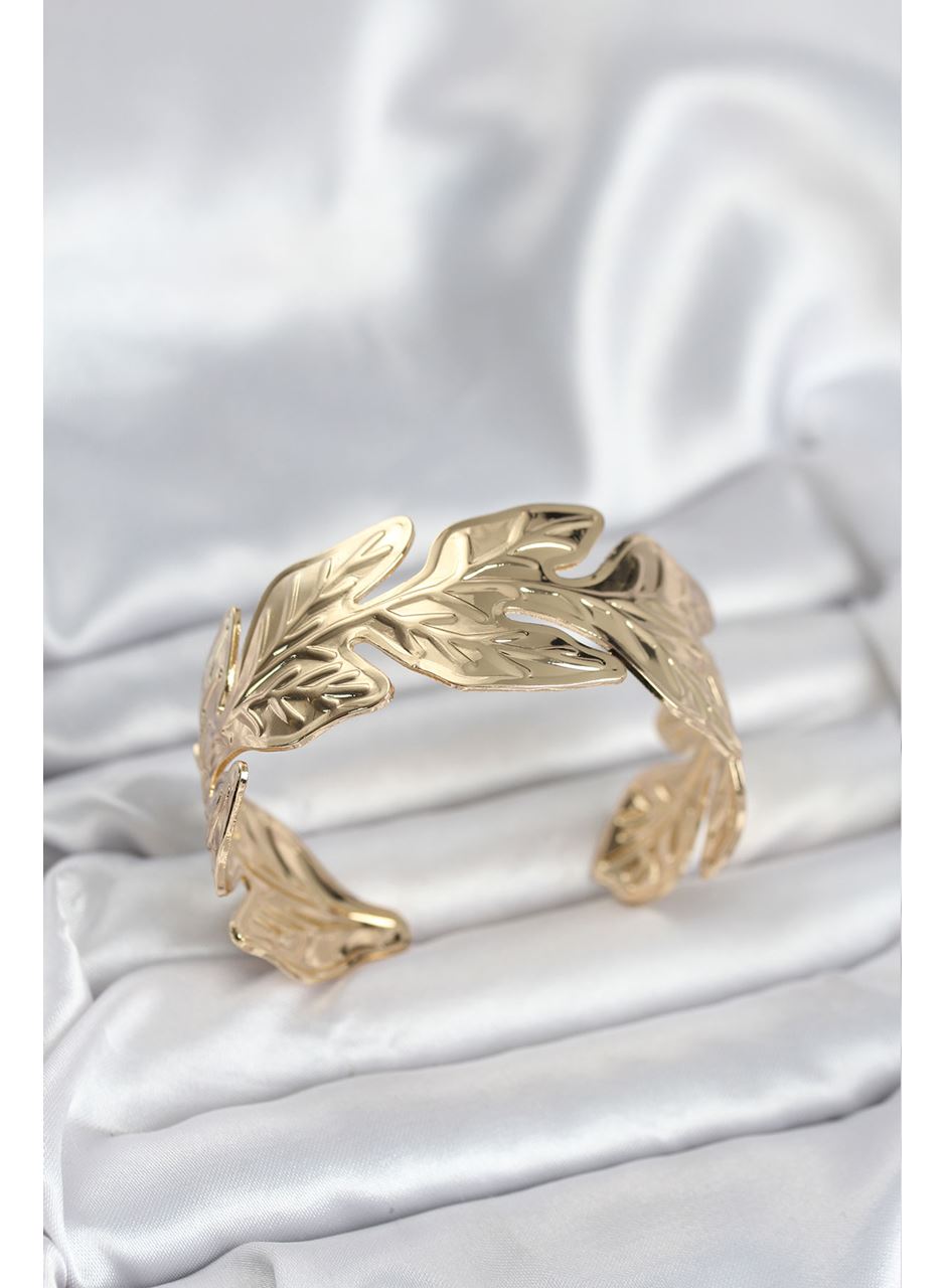 Gold Renk Pirinç Levha Yaprak Model Kadın Bileklik