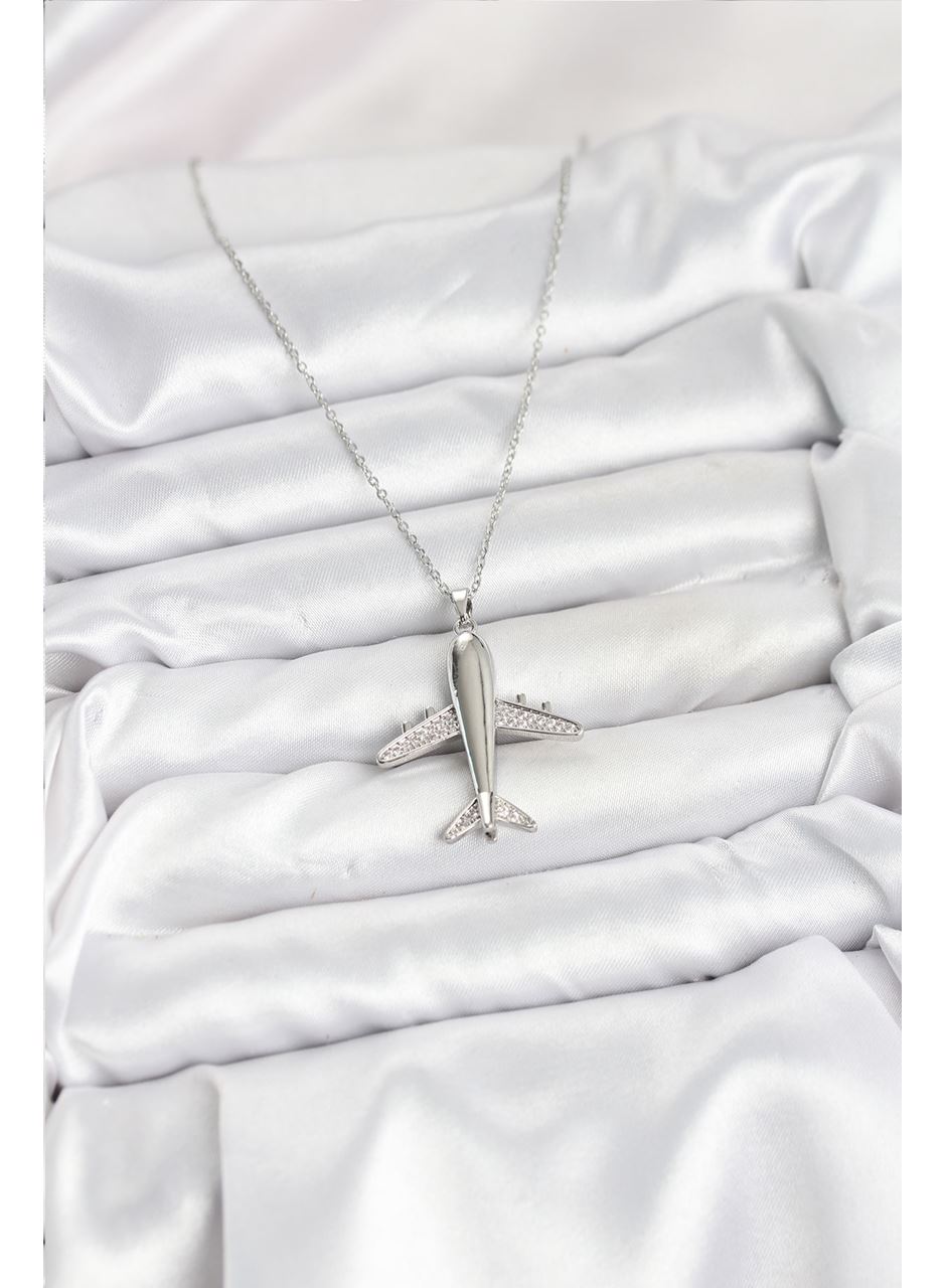 316L Çelik Zincir Gümüş Renk Uçak Model Kadın Kolye