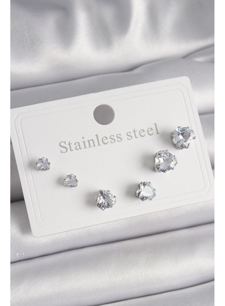 316L Çelik Gümüş Renk Zirkon Taşlı Kalp Model Kadın Küpe Seti