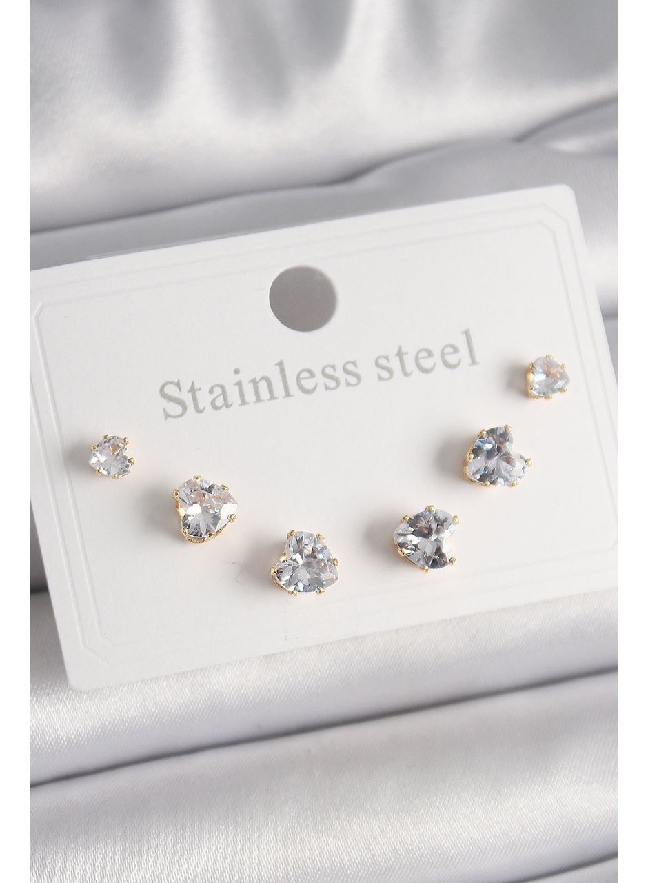 316L Çelik Gold Renk Zirkon Taşlı Kalp Model Kadın Küpe Seti