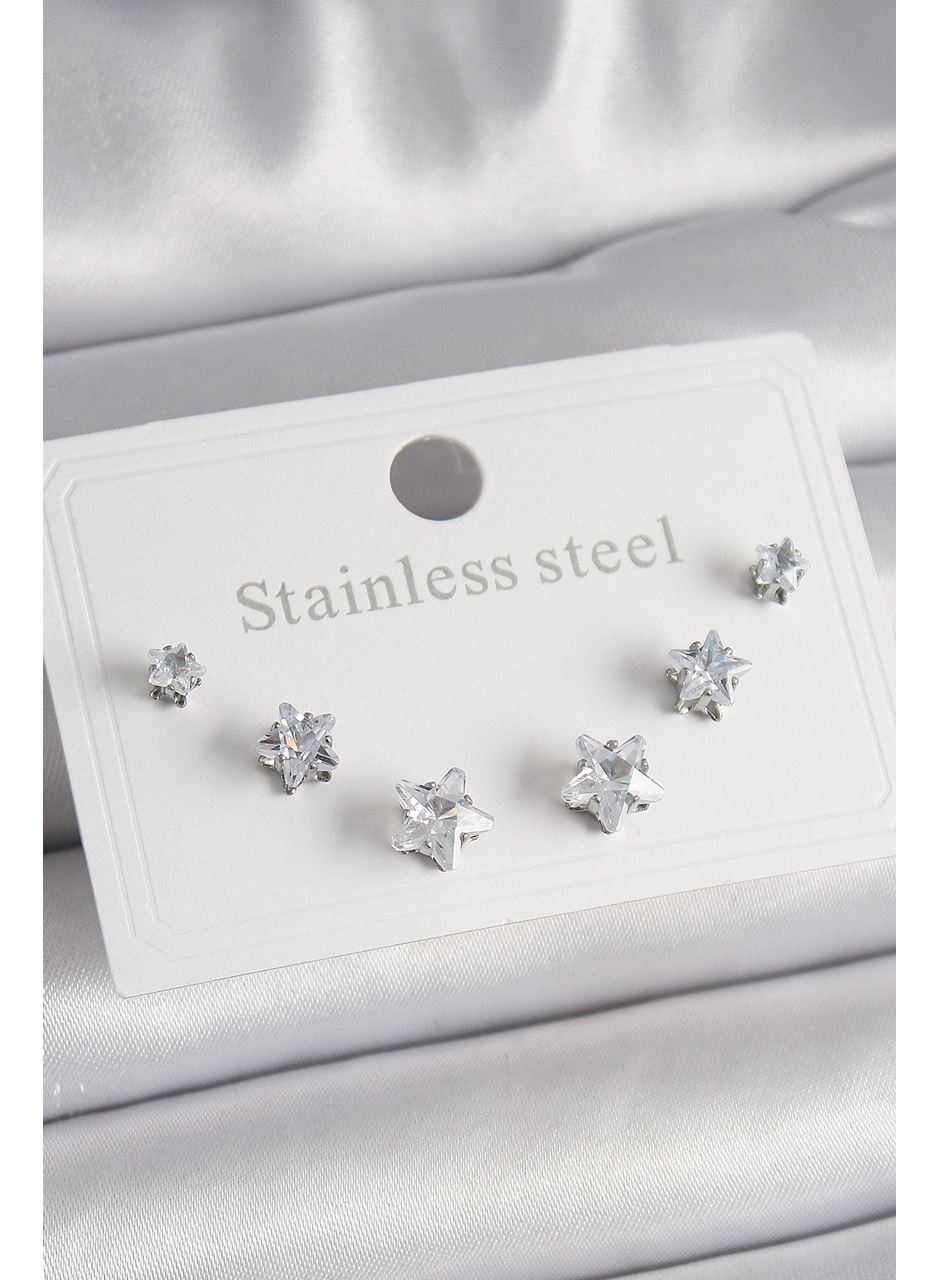 316L Çelik Gümüş Renk Zirkon Taşlı Yıldız Model Kadın Küpe Seti