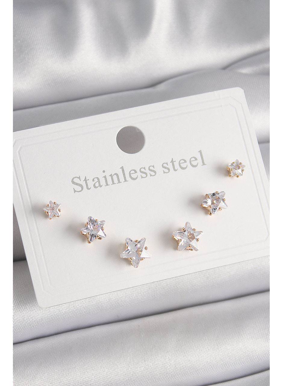 316L Çelik Gold Renk Zirkon Taşlı Yıldız Model Kadın Küpe Seti