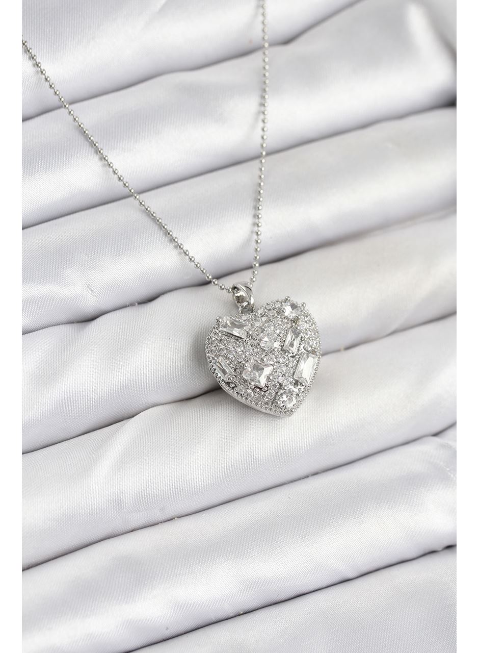 316L Çelik Zincir Gümüş Zirkon Taşlı Kalpli Kadın Kolye