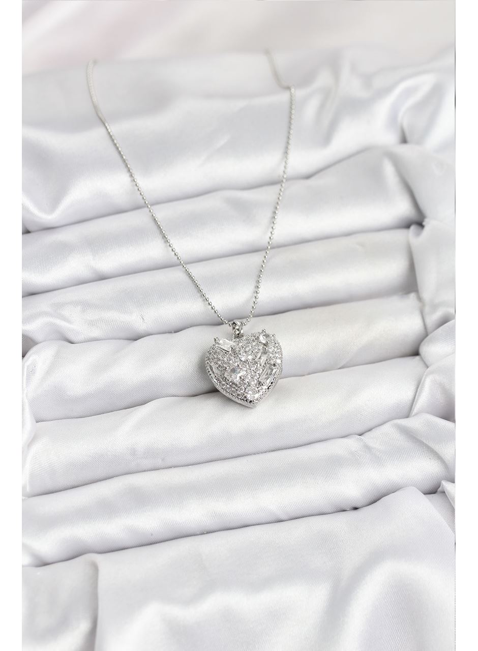316L Çelik Zincir Gümüş Zirkon Taşlı Kalpli Kadın Kolye