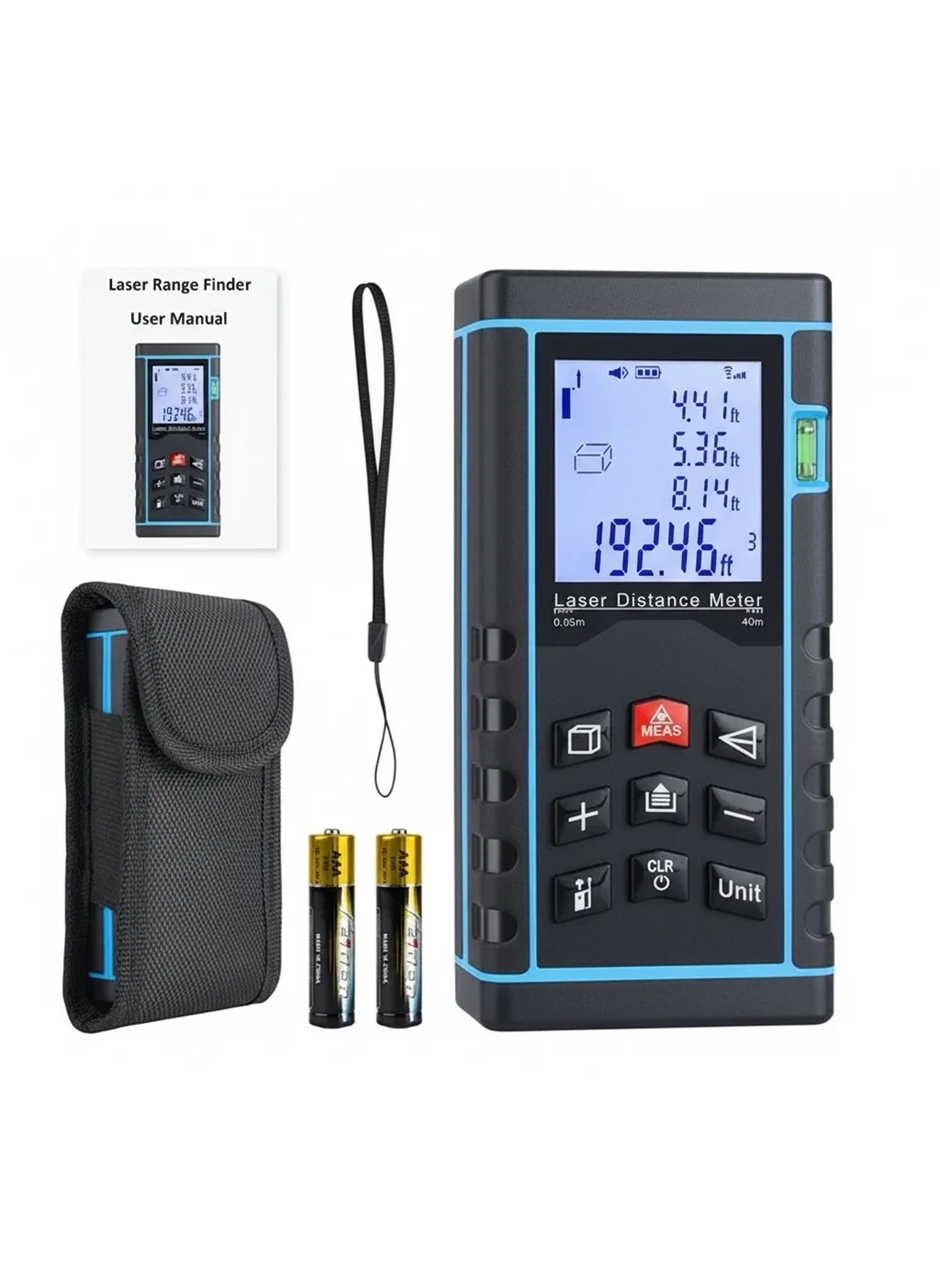 Profesyonel 40 Metre Dijital Lazer Metre Ölçer LCD Ekran, Su Terazili, Alan Hacim, Pisagor Hesaplama ve 20 Kayıt Hafızası (