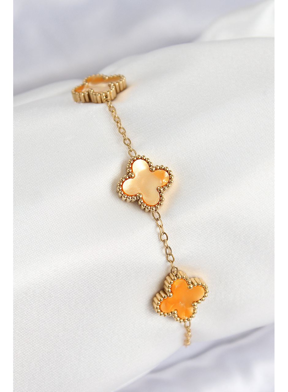 316L Çelik Sedefli Turuncu Gold Renk Yonca Kadın Bileklik