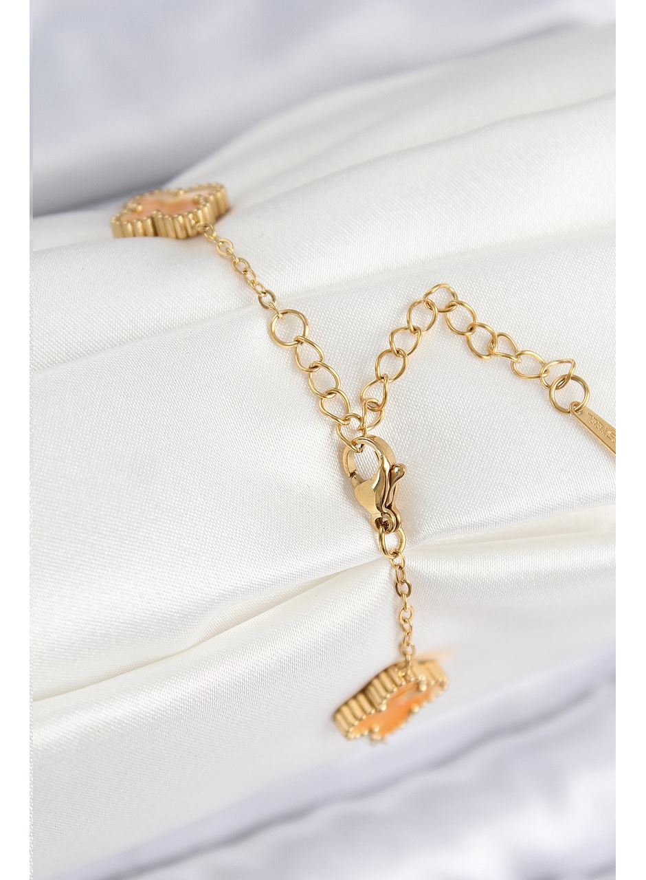 316L Çelik Sedefli Turuncu Gold Renk Yonca Kadın Bileklik