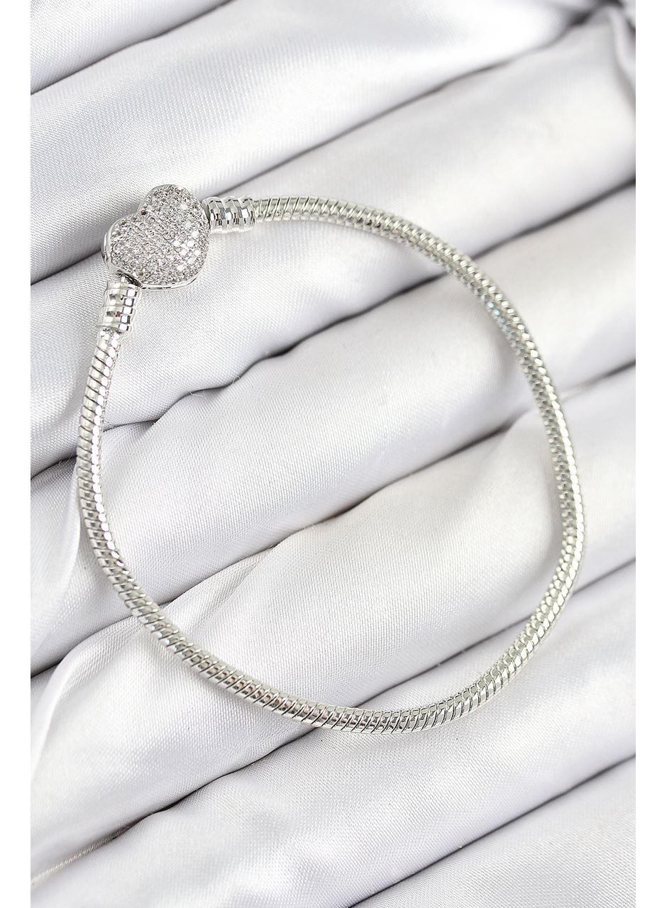 Pirinç Charm Zirkon Taşlı Kalp Model Gümüş Renk Kadın Bileklik