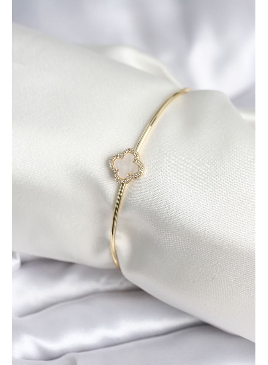 Beyaz Sedefli Yonca Model Gold Renk Kadın Bileklik