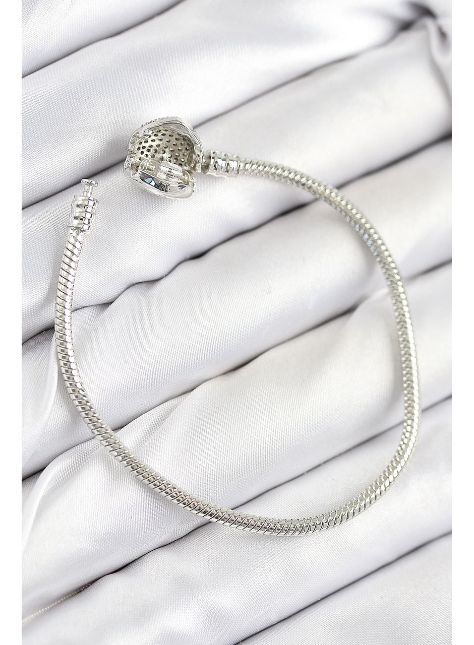 Pirinç Charm Zirkon Taşlı Kalp Model Gümüş Renk Kadın Bileklik