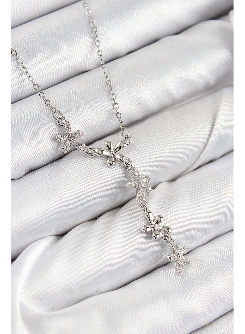 316L Çelik Zirkon Taşlı Çiçek Model Gümüş Renk Kadın Kolye