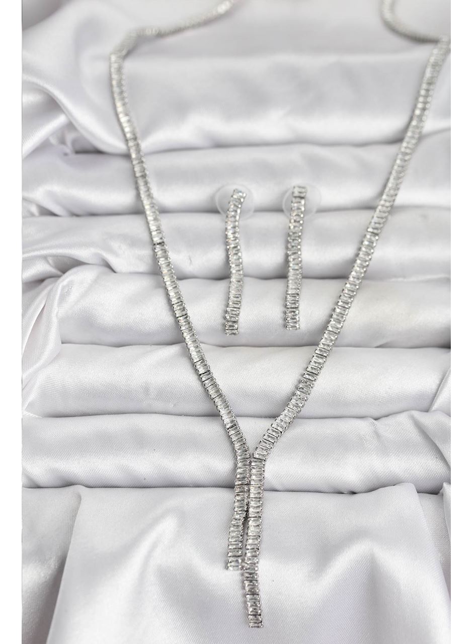 Gümüş Renk Baget Zirkon Taşlı Kadın Kolye Küpe Set