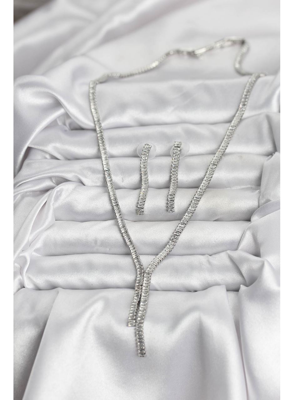 Gümüş Renk Baget Zirkon Taşlı Kadın Kolye Küpe Set