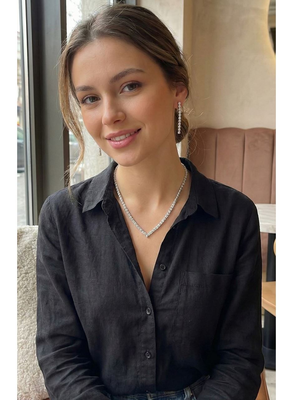 Gümüş Renk Zirkon Taşlı Kadın Kolye Küpe Seti