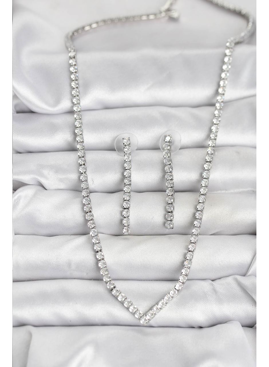 Gümüş Renk Zirkon Taşlı Kadın Kolye Küpe Seti