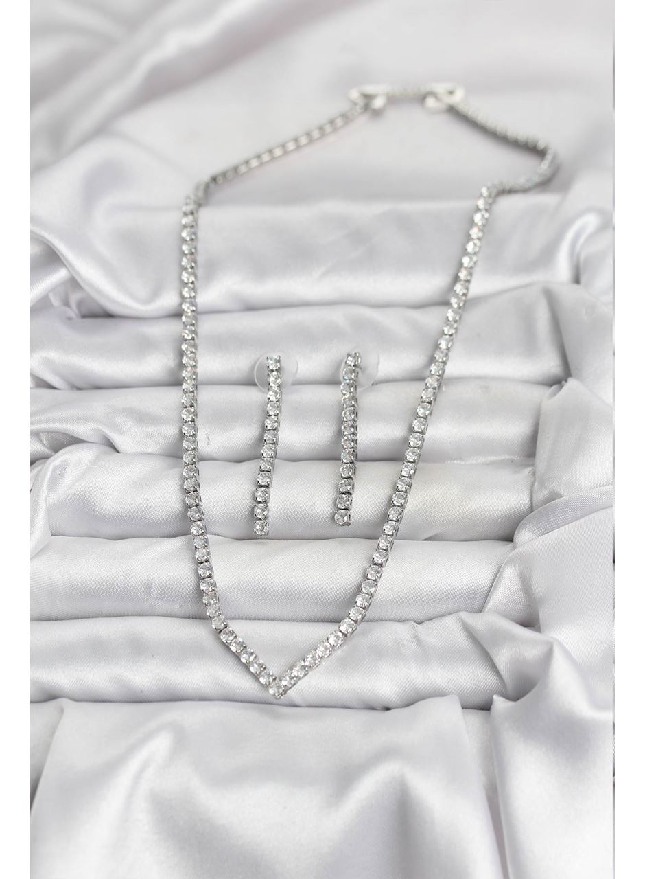 Gümüş Renk Zirkon Taşlı Kadın Kolye Küpe Seti