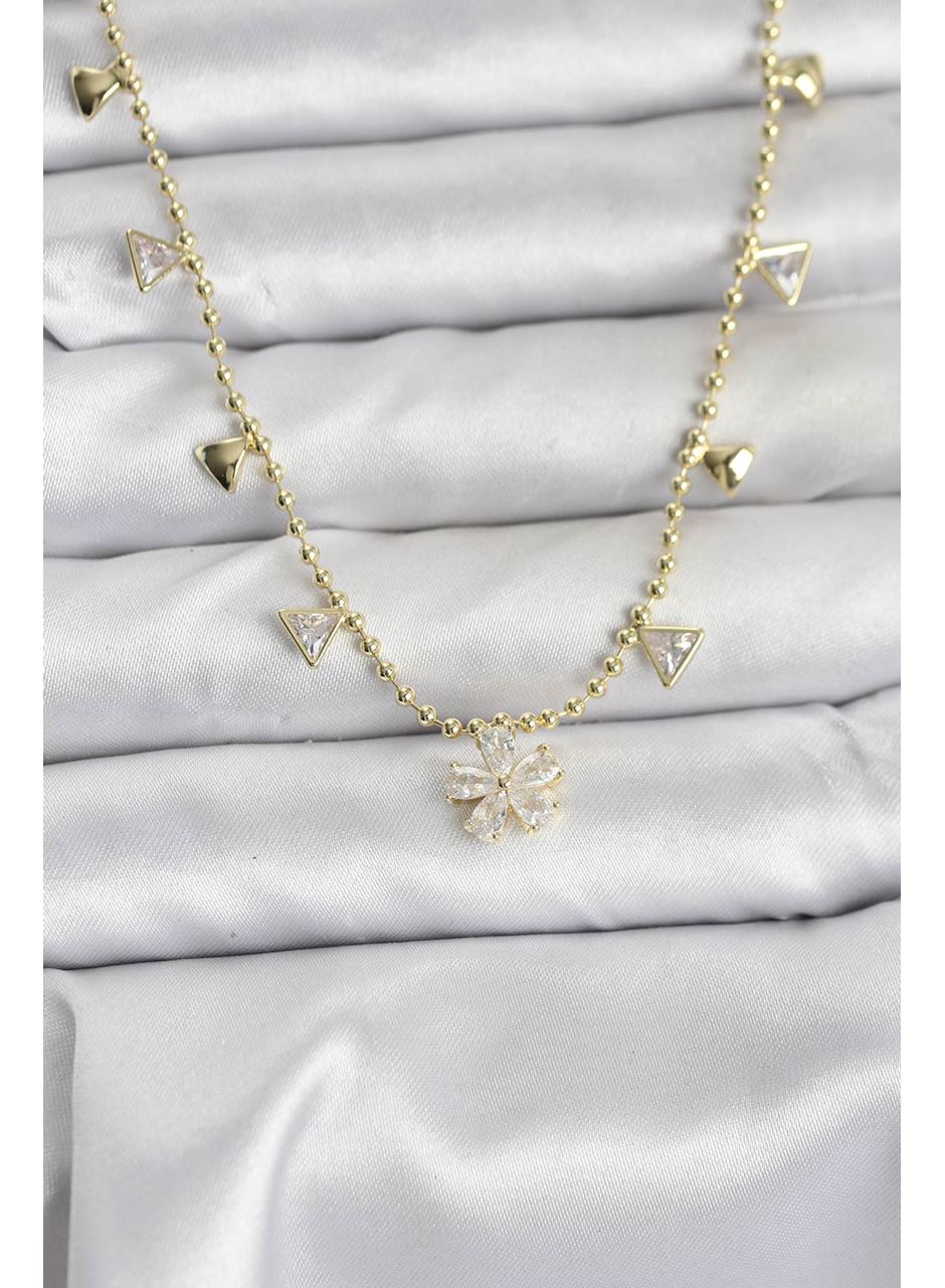 Pirinç Gold Renk Zirkon Taşlı Çiçek Model Kadın Kolye