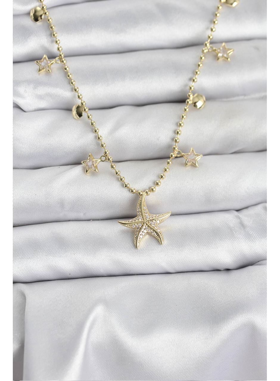 Pirinç Gold Renk Zirkon Taşlı Deniz Yıldızı Model Kadın Kolye