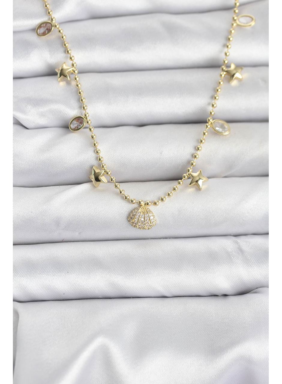 Pirinç Gold Renk Zirkon Taşlı Deniz Kabuğu Model Kadın Kolye