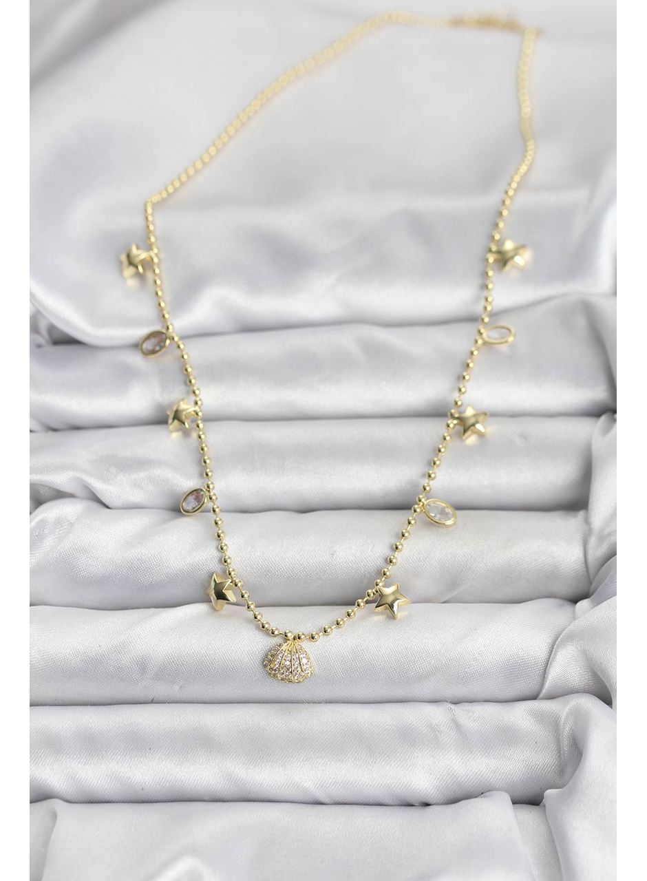 Pirinç Gold Renk Zirkon Taşlı Deniz Kabuğu Model Kadın Kolye