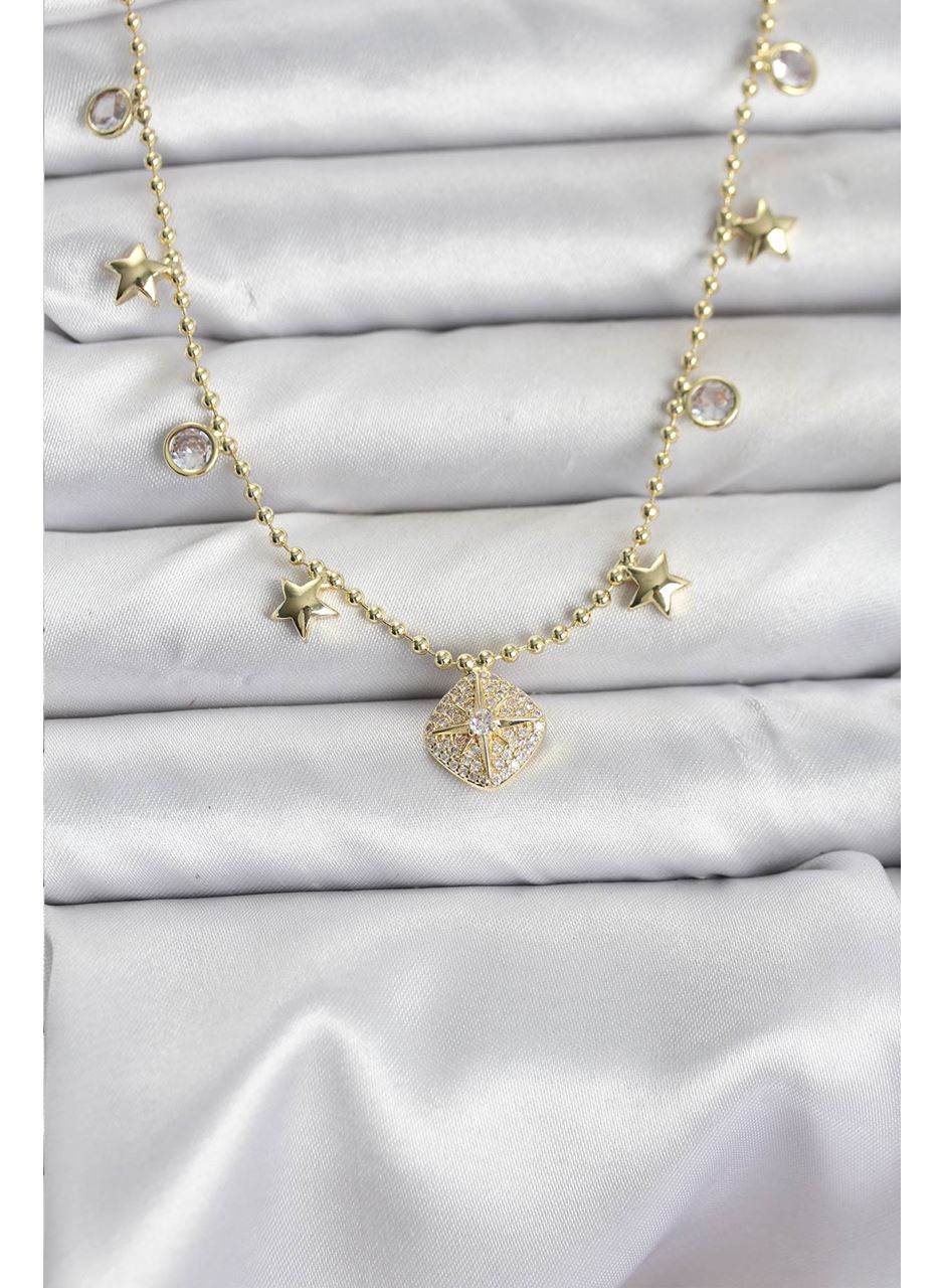 Pirinç Gold Renk Zirkon Taşlı Kutup Yıldızı Model Kadın Kolye