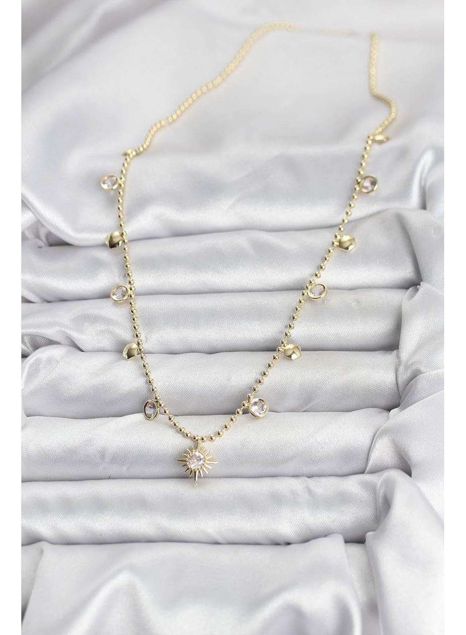 Zirkon Taşlı Kutup Yıldızı Model Pirinç Gold Renk Kadın Kolye