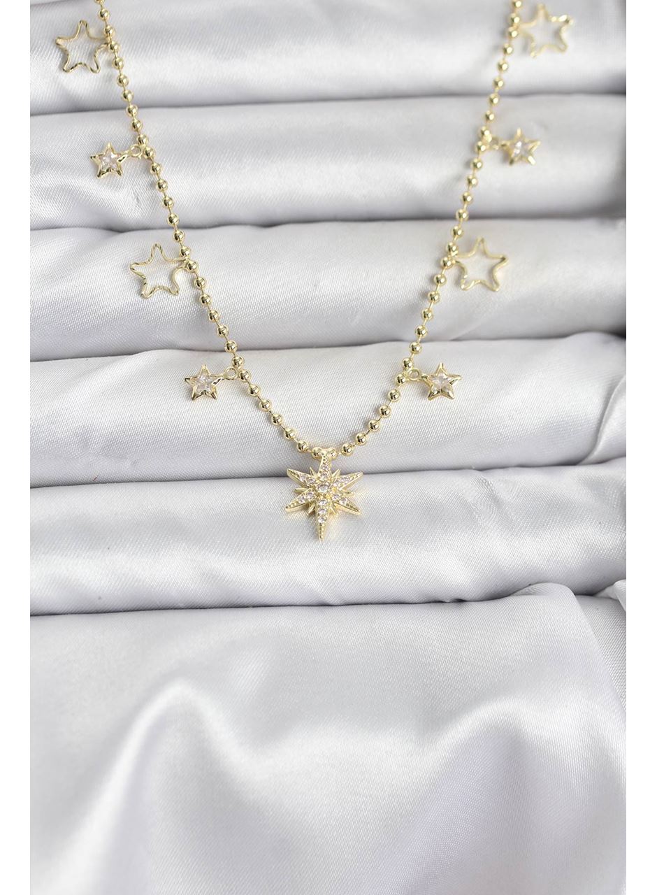 Pirinç Gold Renk Zirkon Taşlı Kutup Yıldızı Model Kadın Kolye