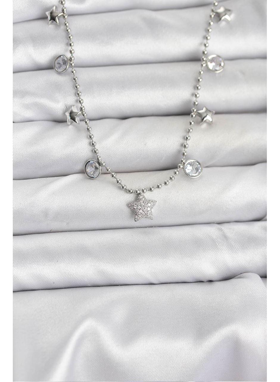 Pirinç Gümüş Renk Yıldız Model Kadın Kolye