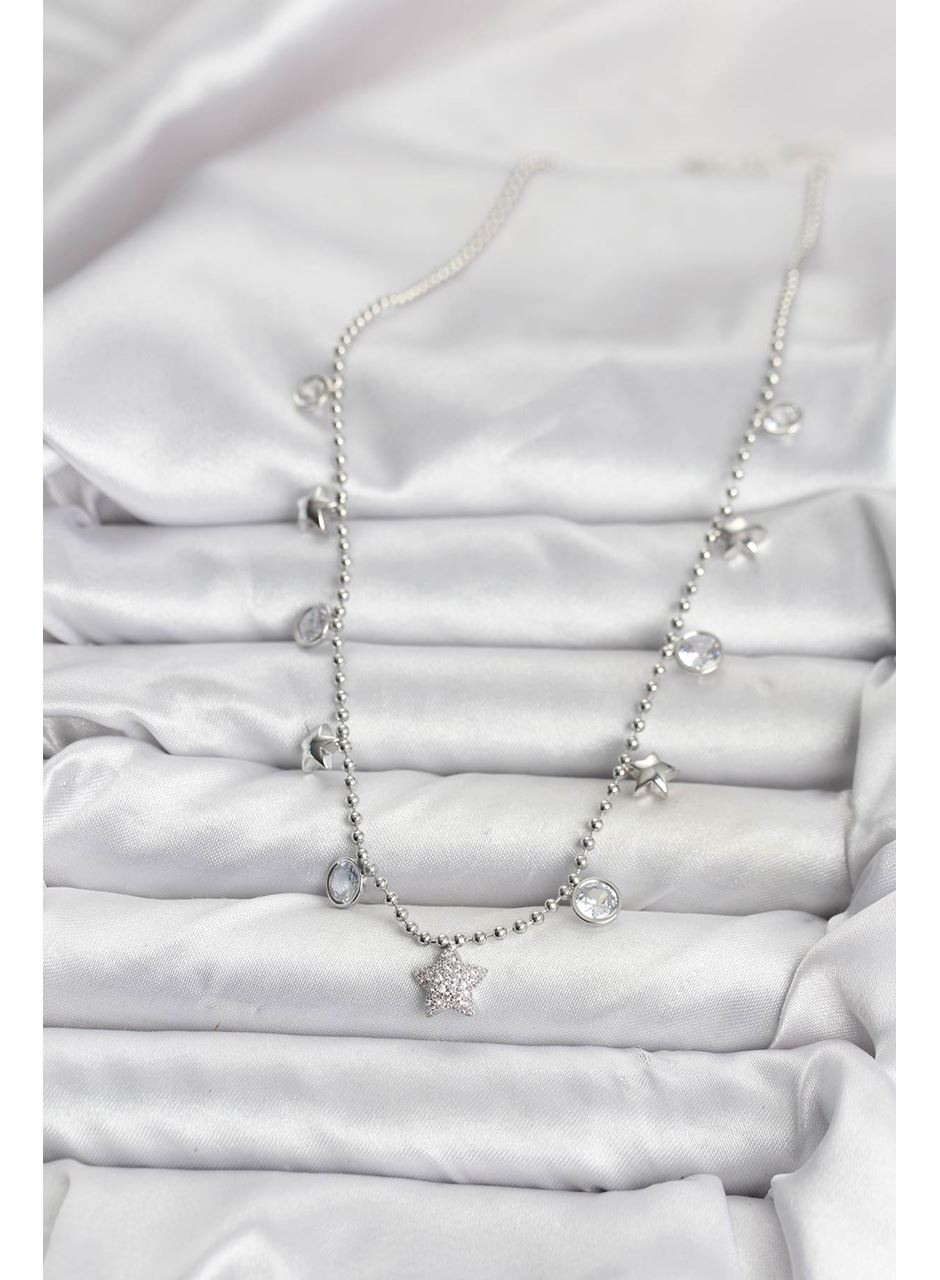 Pirinç Gümüş Renk Yıldız Model Kadın Kolye