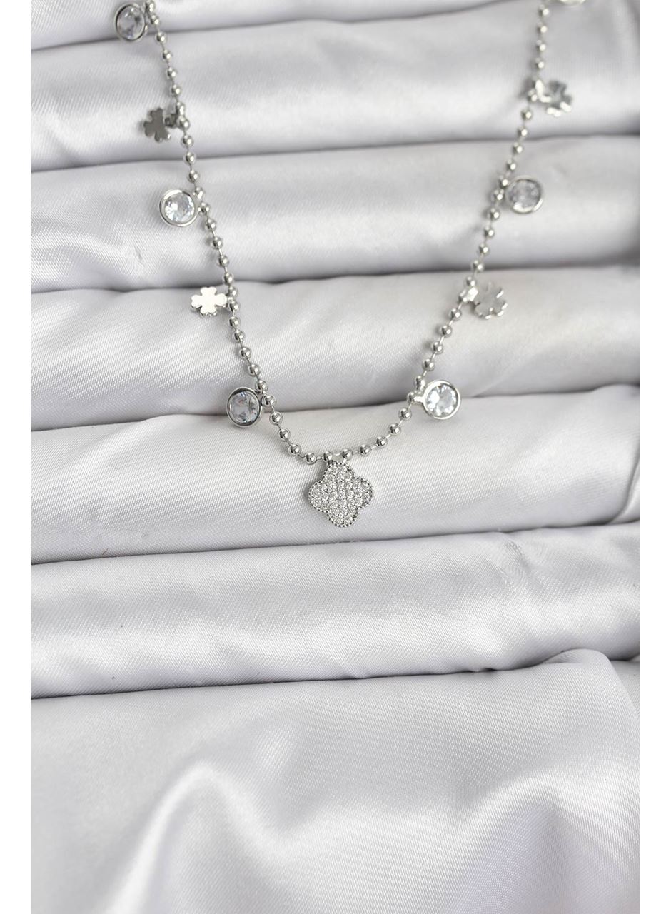 Pirinç Gümüş Renk Yonca Model Kadın Kolye