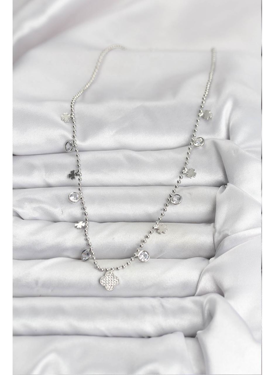 Pirinç Gümüş Renk Yonca Model Kadın Kolye