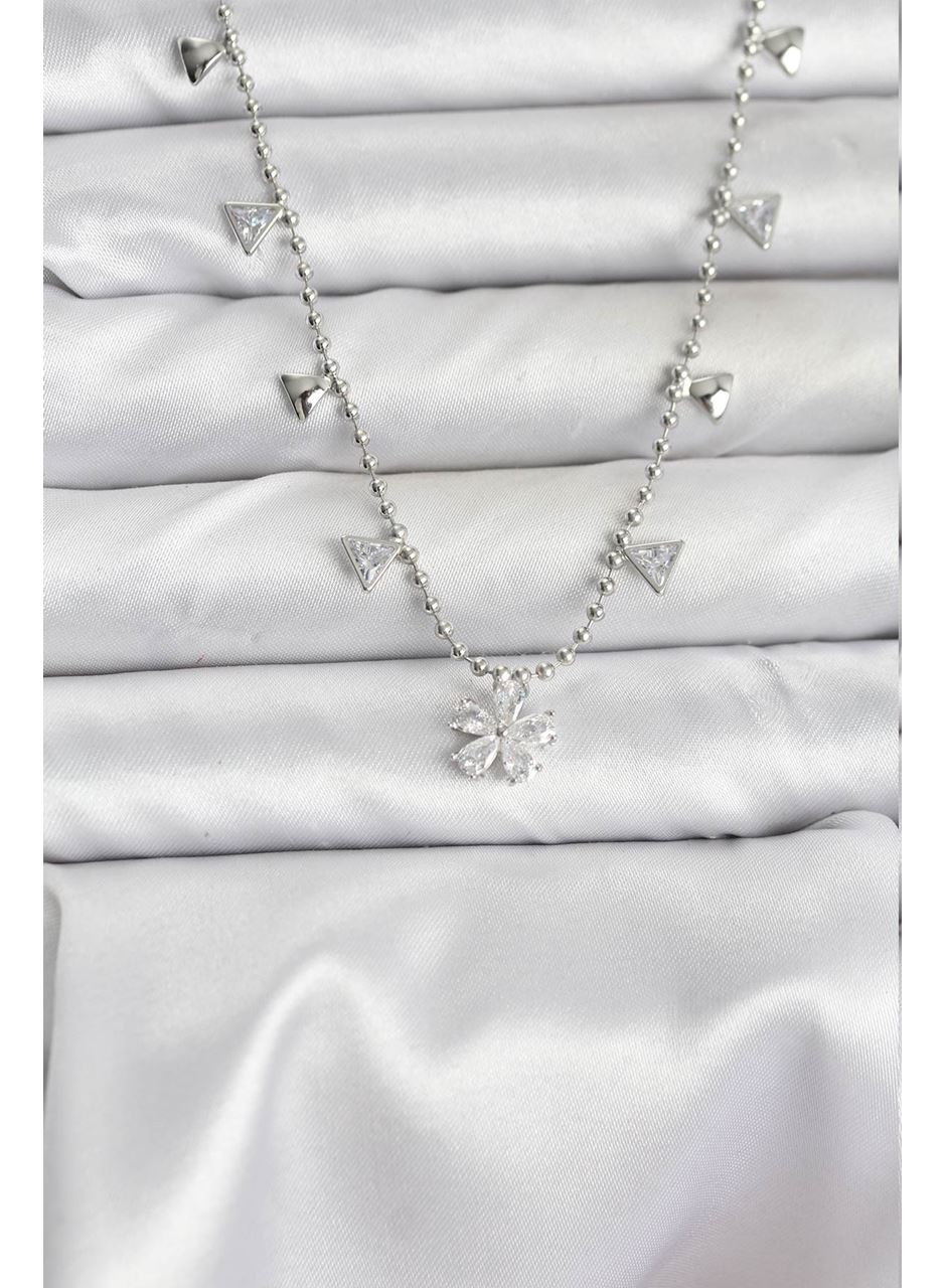 Pirinç Gümüş Renk Zirkon Taşlı Çiçek Model Kadın Kolye