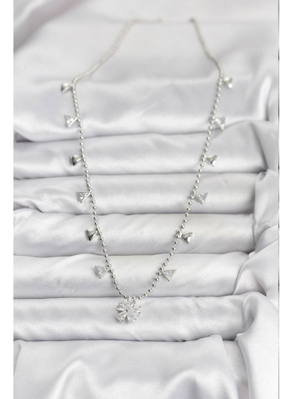 Pirinç Gümüş Renk Zirkon Taşlı Çiçek Model Kadın Kolye